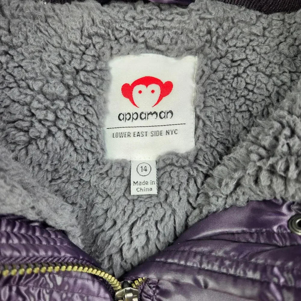 Appaman Girls 14 Purple Quilted Sloan Puffer Coat Faux Fur Hood Winter Jacket